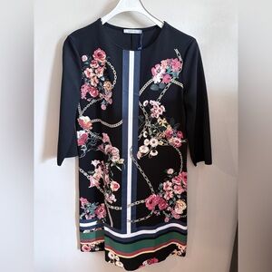 Zara Black Floral Chain Print Shift Dress with Pink Accents